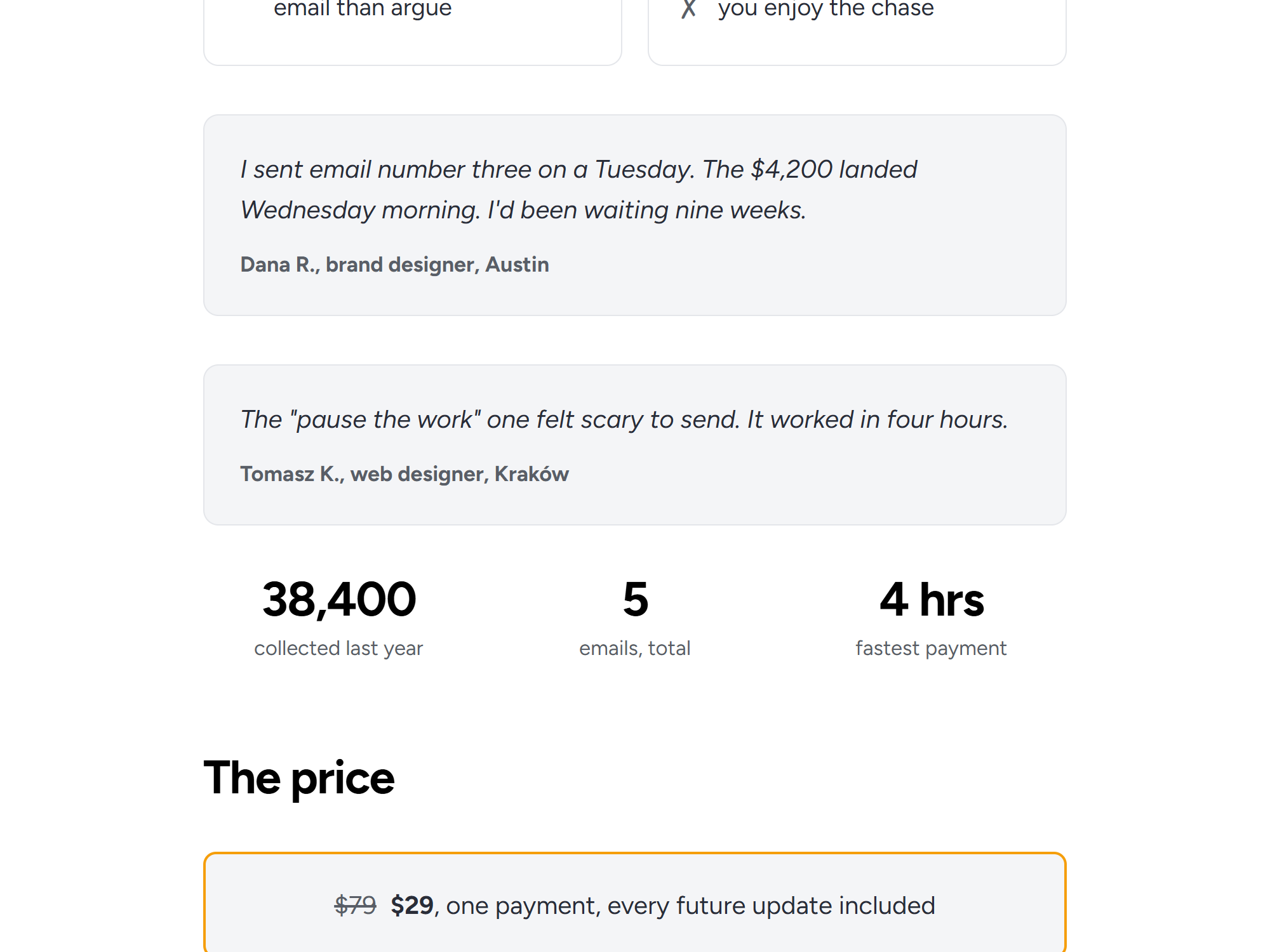 Testimonial cards, a stats row and a price box on the example page