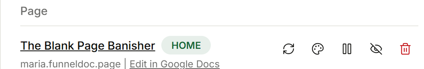 A page row on the dashboard with its Update now button